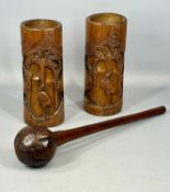 NATIVE KNOBKERRIE / THROWING CLUB, circular head, 45cms (l); and a pair of Chinese carved bamboo