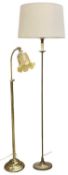 TWO BRASS STANDARD LAMPS, one having adjustable column and swan neck and marbled glass shade, the