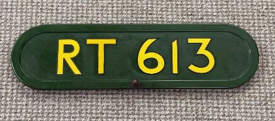 LONDON TRANSPORT ROUTEMASTER BONNET FLEET NUMBER PLATE, RT613, green with gold lettering Provenance: