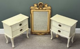 TWO CREAM TWO-DRAWER BEDSIDE CHESTS, 62 (h) x 53 (w) x 32cms (d); and an ornate cream and gilt