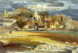 UNKNOWN 20TH CENTURY oil on board - landscape featuring a town with church building to centre,