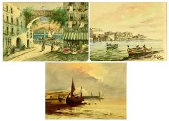 THREE CONTINENTAL PAINTINGS: J. MILLER oil on canvas - boats ashore, signed lower right, 24.5 x 34.