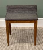 MID-CENTURY TEAK DRESSING STOOL, upholstered seat with raised back, tapered turned supports, 50 (