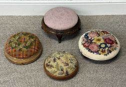 FOUR FOOTSTOOLS INCLUDING Victorian cicular walnut example with pink fabric upholstery, and three