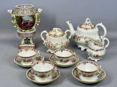 19TH CENTURY DRESDEN PORCELAIN URN ON STAND, panels painted with figures, floral encrusted with mask