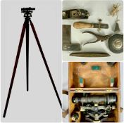 VINTAGE TOOLS, surveyor's level in box with wooden tripod stand, Stanley plane, rare Charles Morrill