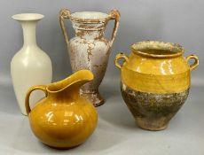 STUDIO POTTERY, terracotta two handled urn, glazed upper half, 32cms (h); cream glazed slender vase,