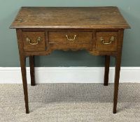ANTIQUE OAK LOWBOY, rectangular top over centre drawer with deeper drawer to either side, brass