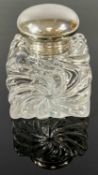LARGE SQUARE MOULDED GLASS INKWELL with hinged domed lid, 11cms (h) Provenance: private collection