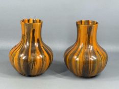 PAIR OF MYOTT HAND-PAINTED VASES, orange and brown drip glaze, 22cms (h) Provenance: private