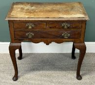 ANTIQUE MAHOGANY LOWBOY, rectangular cross banded top, over two short and one long drawer, with