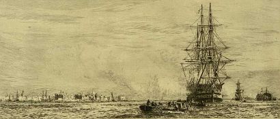 ‡ WILLIAM LIONEL WYLLIE (British, 1851-1931) drypoint etching - boats in Portsmouth Harbour,