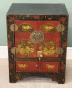 CHINESE LACQUERED CABINET with chinoiserie decoration, two doors over drawer, with brass lock