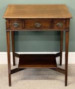 SMALL MAHOGANY LIBRARY TABLE, rectangular top over three frieze drawers, with drop handles and