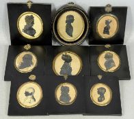 NINE 19TH CENTURY OVAL HIGHLIGHTED SILHOUETTE PORTRAITS, of various family members, in ebonised