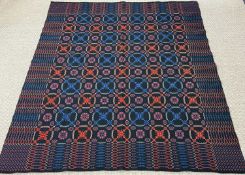 TRADITIONAL WELSH WOOLLEN BLANKET, black and red geometric pattern, double sided, 220 x 176cms