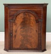 19TH CENTURY MAHOGANY CORNER CUPBOARD, arched panelled single door, 67 (h) x 62 (w) x 36cms (d)