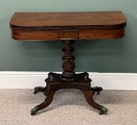 19TH CENTURY MAHOGANY FOLD-OVER TEA TABLE having an elegant pedestal base with four scroll feet , 74