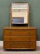 ERCOL STYLE ELM DRESSING TABLE, rectangular mirror back, three drawers, on castors, 137 (h) x 92 (w)