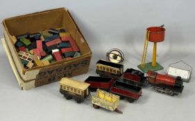 HORNBY SERIES TINPLATE TRAIN SET, locomotive, tender, two carriages, and two wagons, along with a