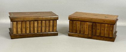 TWO ITALIAN SORRENTO WARE OLIVE WOOD PUZZLE BOXES, of book form, the hinged covers inlaid with birds
