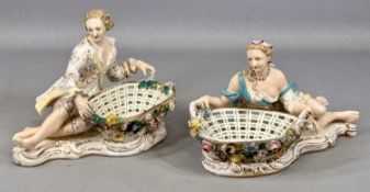 PAIR OF CONTINENTAL PORCELAIN SWEET MEAT DISHES, in the manner of Meissen, each depicting a figure