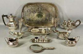 ASSORTED PLATED WARE, including tea tray with pierced gallery rim, Elkington three-piece tea