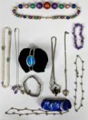 ASSORTED COSTUME JEWELLERY, including a sterling white metal modernist pendant and chain, silver