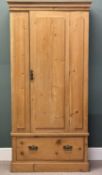 PINE WARDROBE with moulded cornice, over single drawer, interior with pole and hooks, drawer to