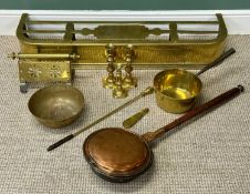 ASSORTED 19TH CENTURY BRASSWARE, including a fire curb, 112cms (w); saucepan with hollow steel