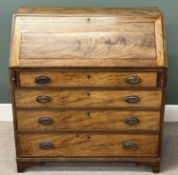 GEORGE III MAHOGANY BUREAU, fall front enclosing fitted interior, over four long graduated drawers