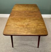 MID-CENTURY TEAK EXTENDING DINING TABLE, oblong top with centre leaf, tapered turned supports, 72