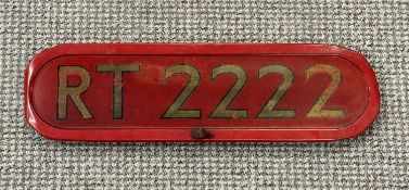 LONDON TRANSPORT ROUTEMASTER BONNET FLEET NUMBER PLATE, RT222, red with gold lettering Provenance: