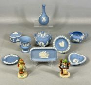 VARIOUS WEDGWOOD LIGHT BLUE & WHITE JASPERWARE ORNAMENTS, including pin trays, posy vase, jug and