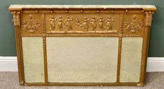 19TH CENTURY GILT FRAMED OVERMANTEL MIRROR, frieze of classical figures over the three plates, 71