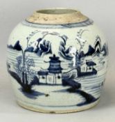 19TH CENTURY CHINESE UNDERGLAZE BLUE & WHITE GINGER JAR, painted with a landscape of mountains,