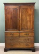 19TH CENTURY MAHOGANY PRESS CUPBOARD, converted to a handing cupboard, moulded dentil cornice over