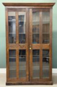 TALL OAK GLAZED TWO-DOOR BOOKCASE, fixed shelf-lined interior, 214 (h) x 135 (w) x 46cms (d)