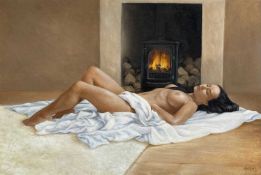 DEANNE DODDINGTON MIZEN oil on canvas - full length nude with drapes seated by log burning fire,