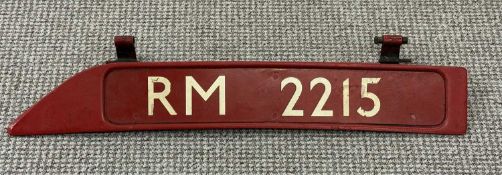 LONDON TRANSPORT ROUTEMASTER BONNET FLEET NUMBER PLATE, RM2215, red with cream lettering, with