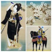 THREE JAPANESE WATERCOLOURS - Samurai warrior on horseback and lady in traditional dress, 40 x