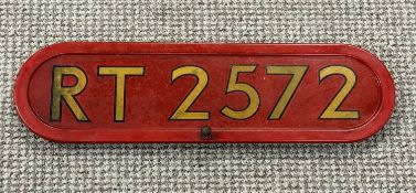 LONDON TRANSPORT ROUTEMASTER BONNET FLEET NUMBER PLATE, RT25272, red with gold lettering, 50.5cms (
