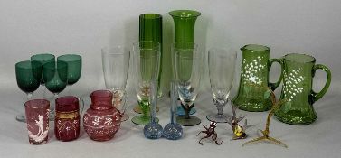 ASSORTED GLASSWARE, including six drinking glasses with coloured stems, circular cut glass fruit