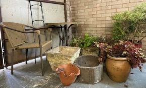GARDEN EFFECTS including octagonal stoneware pig trough, various planters and contents, circular
