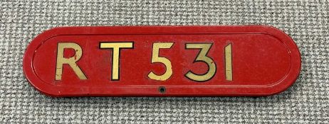 LONDON TRANSPORT ROUTEMASTER BONNET FLEET NUMBER PLATE, RT531, red with gold lettering Provenance: