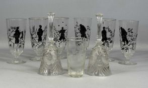 SET OF SIX DRINKING GLASSES, decorated with Oriental figures, 16cms (h); two moulded glass bells,