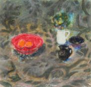‡ JACK SHORE pastel on card - entitled verso, 'Still Life with Tangerines, Red Bowl and White
