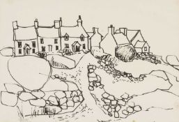 ‡ GWILYM PRICHARD ink on paper - group of terraced houses with dry stone walls, signed, 23 x 33cms
