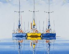 ‡ JOHN PEARSON (Australian b.1959) oil on canvas - 'We Three', three yachts moored together, signed,