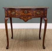 19TH C. DUTCH MARQUETRY BOW FRONT SIDE TABLE, frieze drawer, decorated sides and cabriole legs,